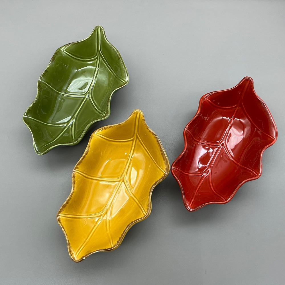 Harry And David Leaf Serving Bowls Set Red Green Yellow Ceramic Fall Decor